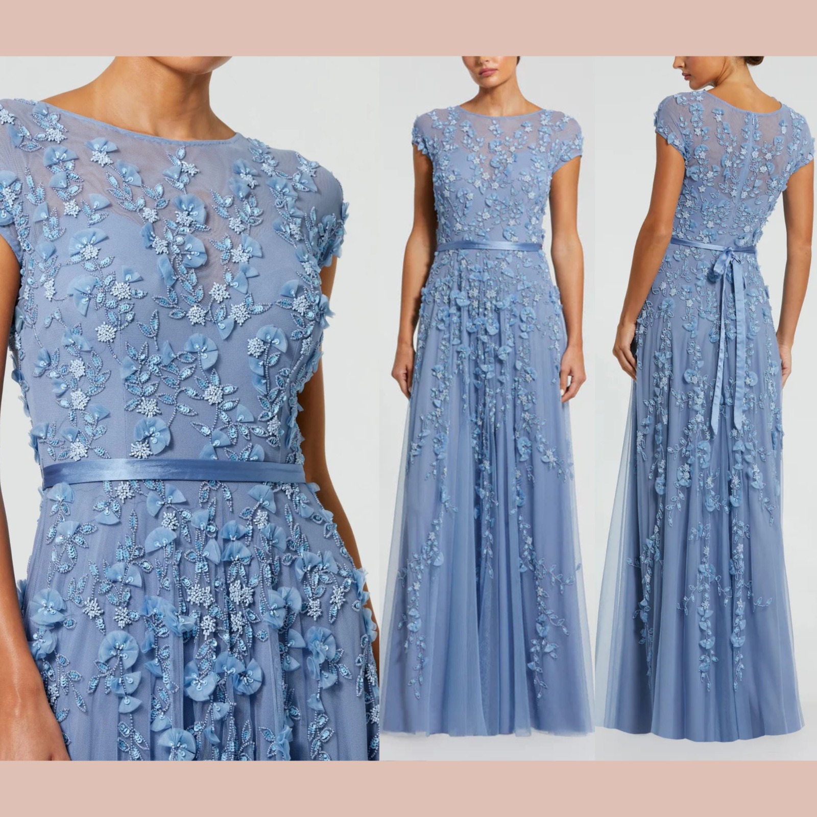 Nwt Mac Duggal [ 14 ] 14521 Floral Embellished Short Sleeve Mesh Gown Blue S1940